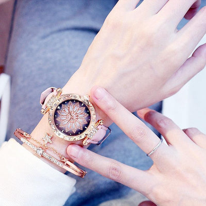 Casual Women Romantic Starry Sky Wrist Watch Bracelet Leather Rhinestone Designer Simple Dress Women's Watches Women Starry Sky PU Leather Strap Quartz Wristwatches For Woman Girls Teenagers Stevvex