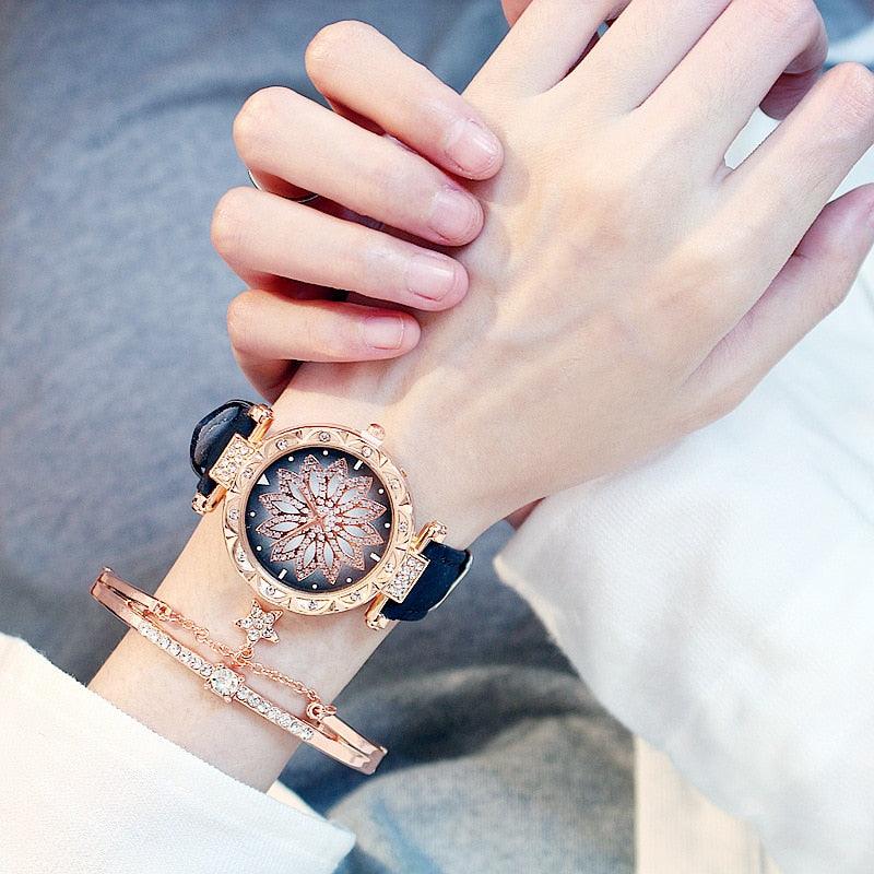 Casual Women Romantic Starry Sky Wrist Watch Bracelet Leather Rhinestone Designer Simple Dress Women's Watches Women Starry Sky PU Leather Strap Quartz Wristwatches For Woman Girls Teenagers Stevvex