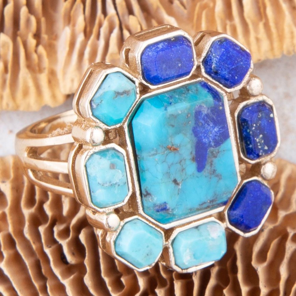 Duality Blue Lapis and Turquoise Golden Statement Ring Barse Jewelry