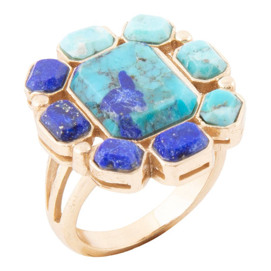 Duality Blue Lapis and Turquoise Golden Statement Ring Barse Jewelry