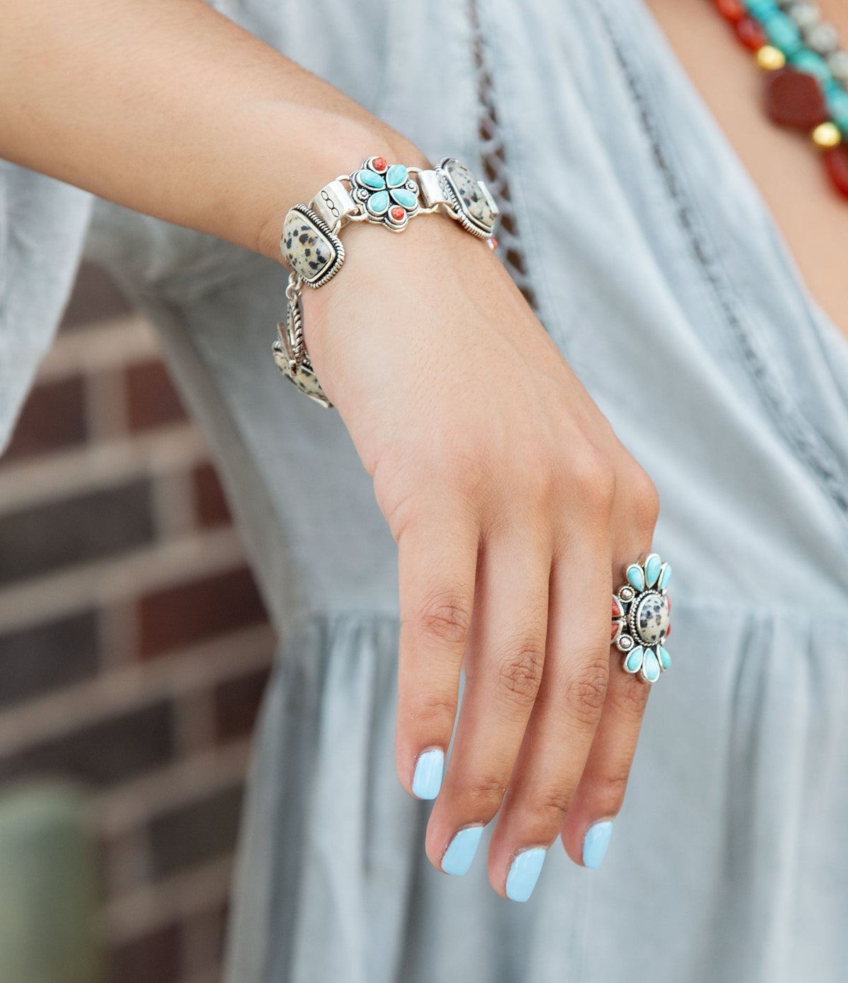 Legacy Blue Turquoise and Dalmatian Jasper Golden Bracelet Barse Jewelry