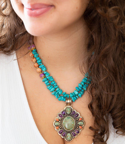 Prescott Blue Turquoise Purple and Orange Statement Pendant Golden Necklace Barse Jewelry