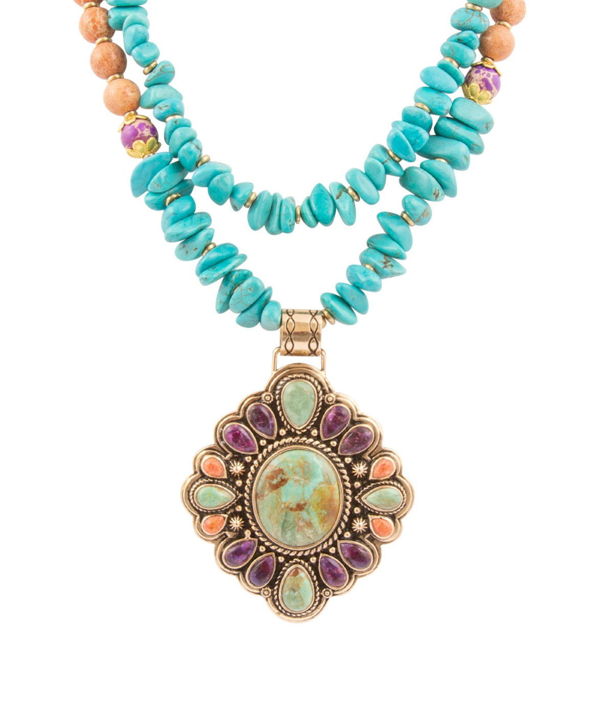 Prescott Blue Turquoise Purple and Orange Statement Pendant Golden Necklace Barse Jewelry
