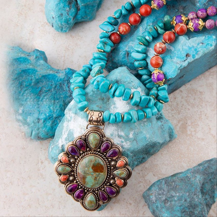 Prescott Blue Turquoise Purple and Orange Statement Pendant Golden Necklace Barse Jewelry