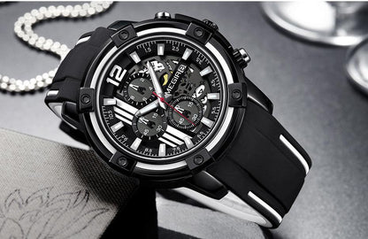 Modern Men's Black Quartz Watches Sports Silicone Strap Luminous Hands Wristwatch Luxury Waterproof Analog Watch Stevvex