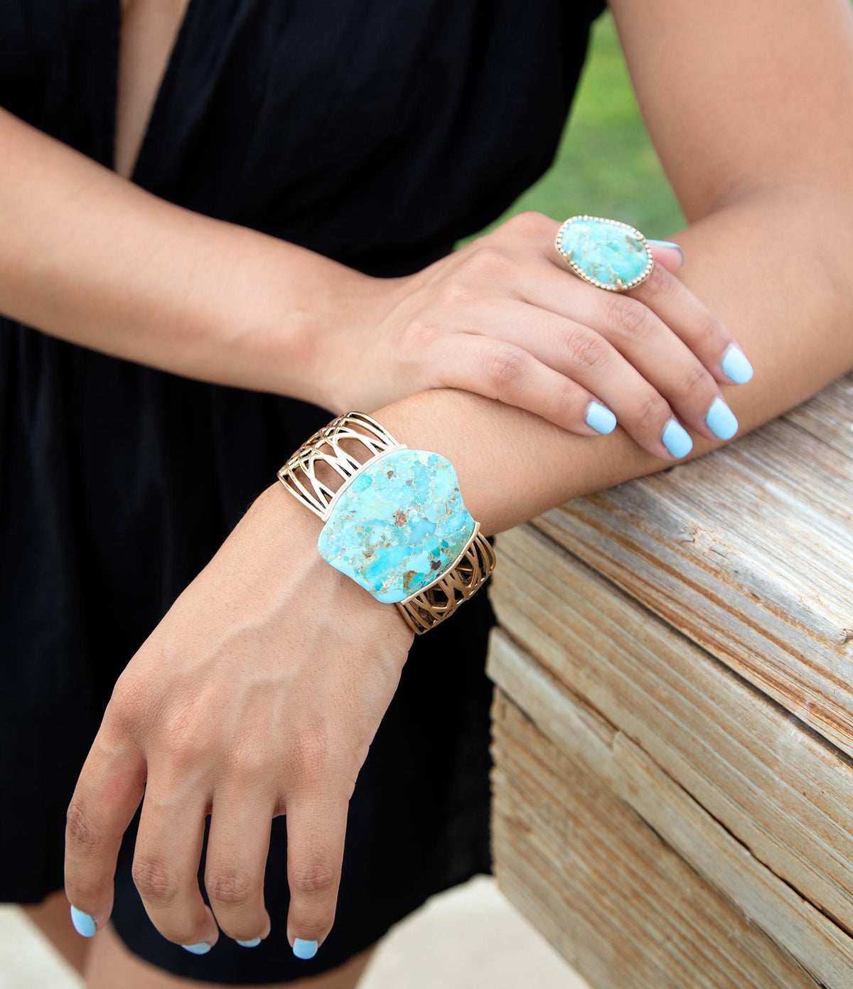 Refined Blue Turquoise Golden Statement Ring Barse Jewelry