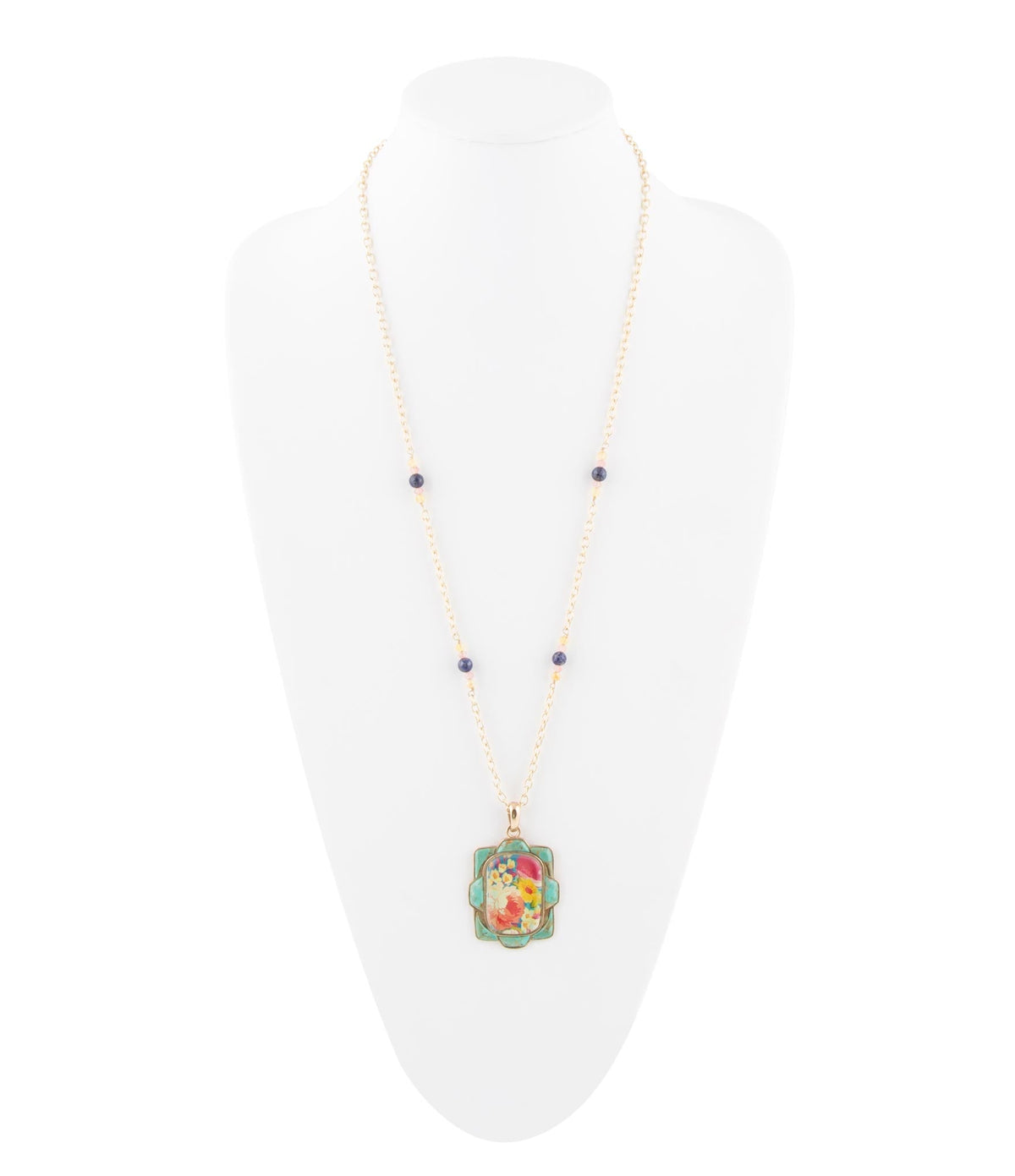 Scenic Floral and Blue Turquoise Golden Pendant Necklace Barse Jewelry