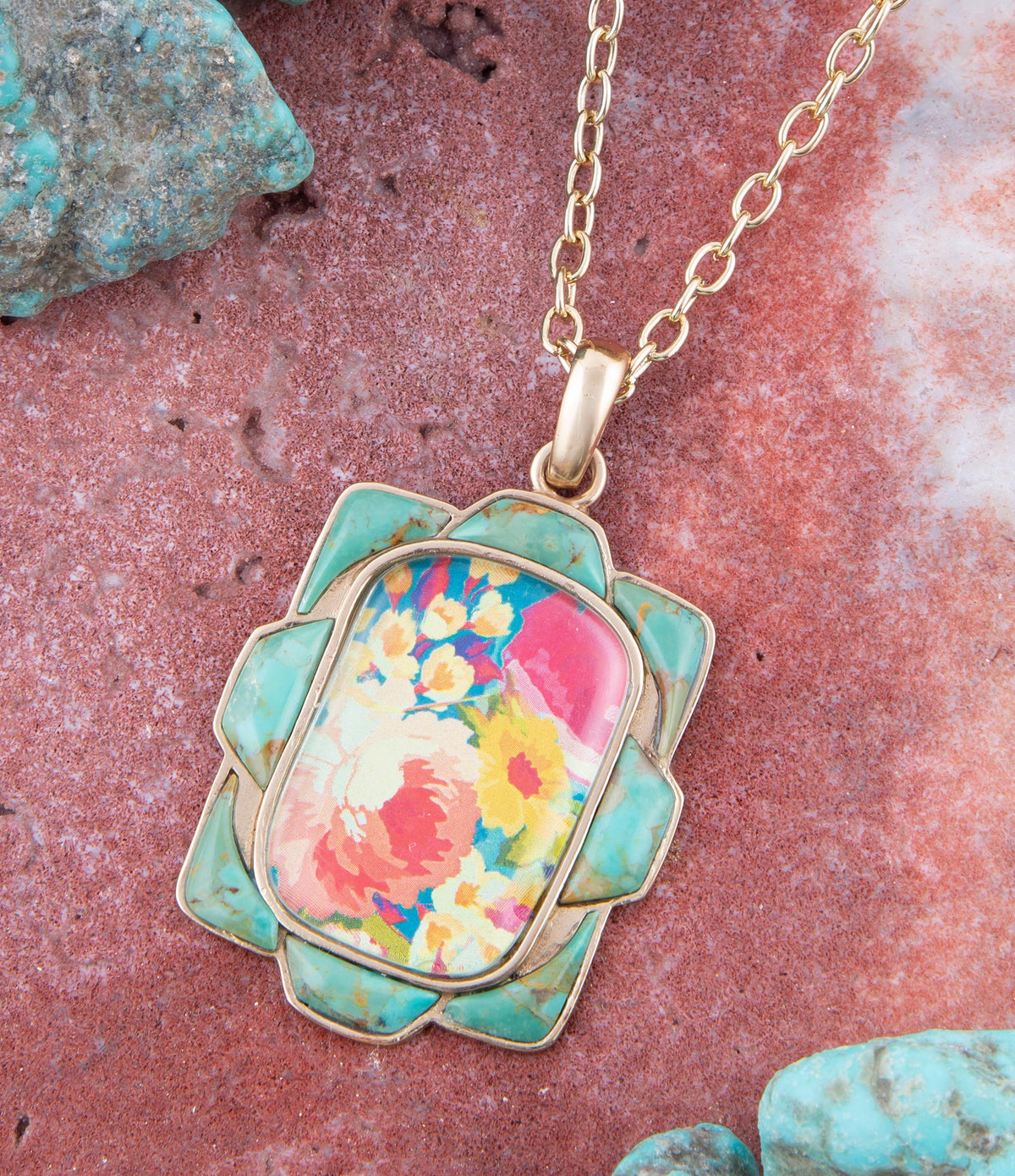 Scenic Floral and Blue Turquoise Golden Pendant Necklace Barse Jewelry