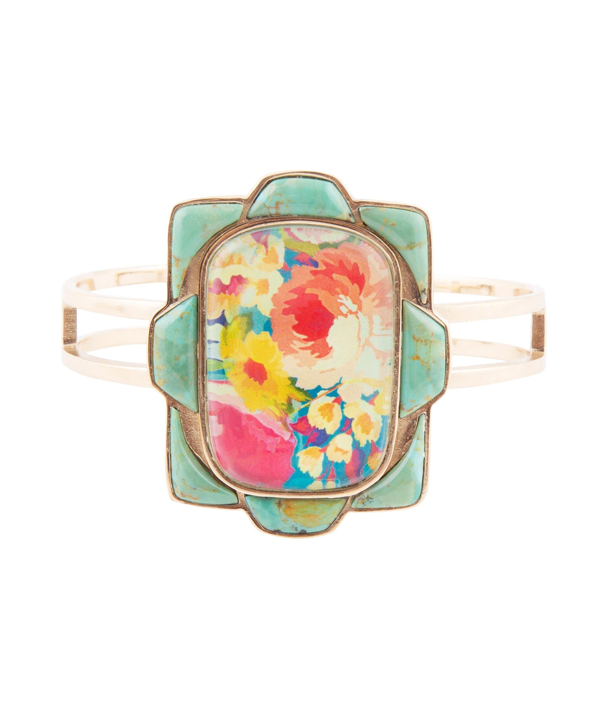 Scenic Floral Blue Turquoise and Golden Cuff Bracelet Barse Jewelry