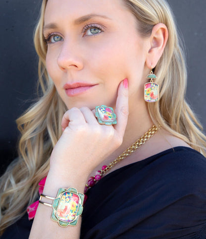 Scenic Floral Blue Turquoise and Golden Cuff Bracelet Barse Jewelry