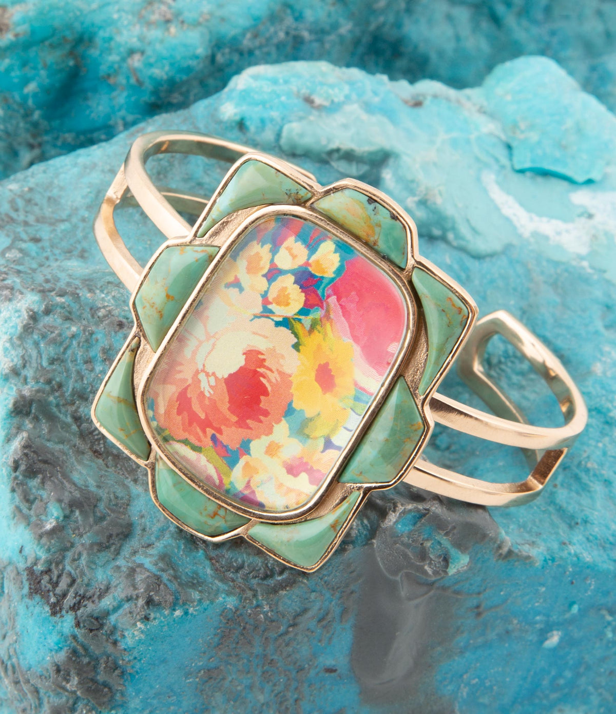 Scenic Floral Blue Turquoise and Golden Cuff Bracelet Barse Jewelry