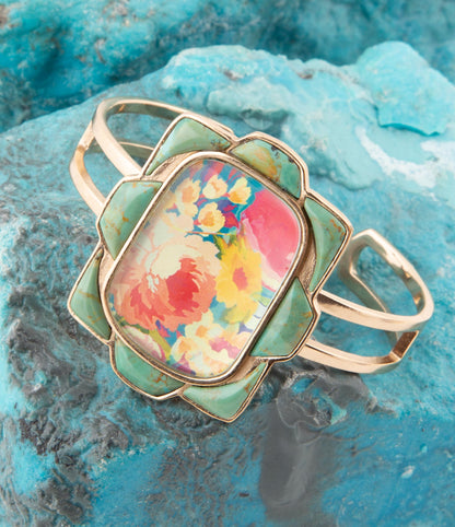 Scenic Floral Blue Turquoise and Golden Cuff Bracelet Barse Jewelry