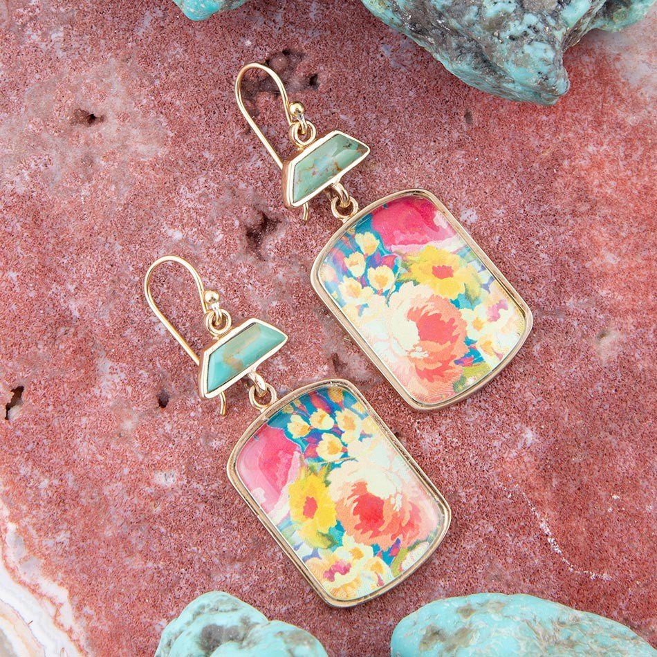 Scenic Floral Blue Turquoise Golden Earrings Barse Jewelry