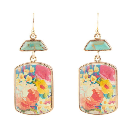 Scenic Floral Blue Turquoise Golden Earrings Barse Jewelry