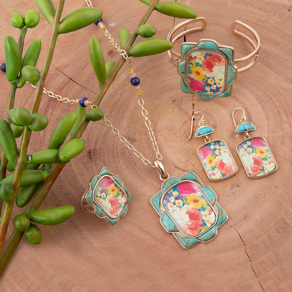Scenic Floral Blue Turquoise Golden Earrings Barse Jewelry