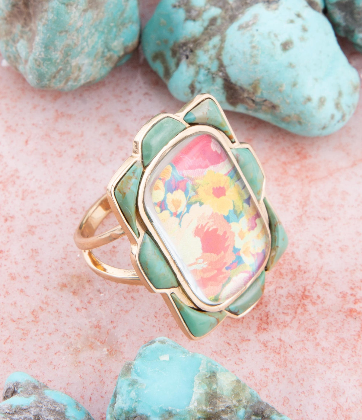 Scenic Floral Blue Turquoise Golden Ring Barse Jewelry