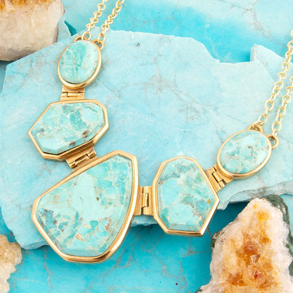 Slabs of Blue Turquoise Golden Statement Necklace Barse Jewelry