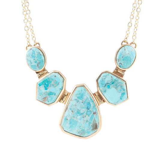 Slabs of Blue Turquoise Golden Statement Necklace Barse Jewelry