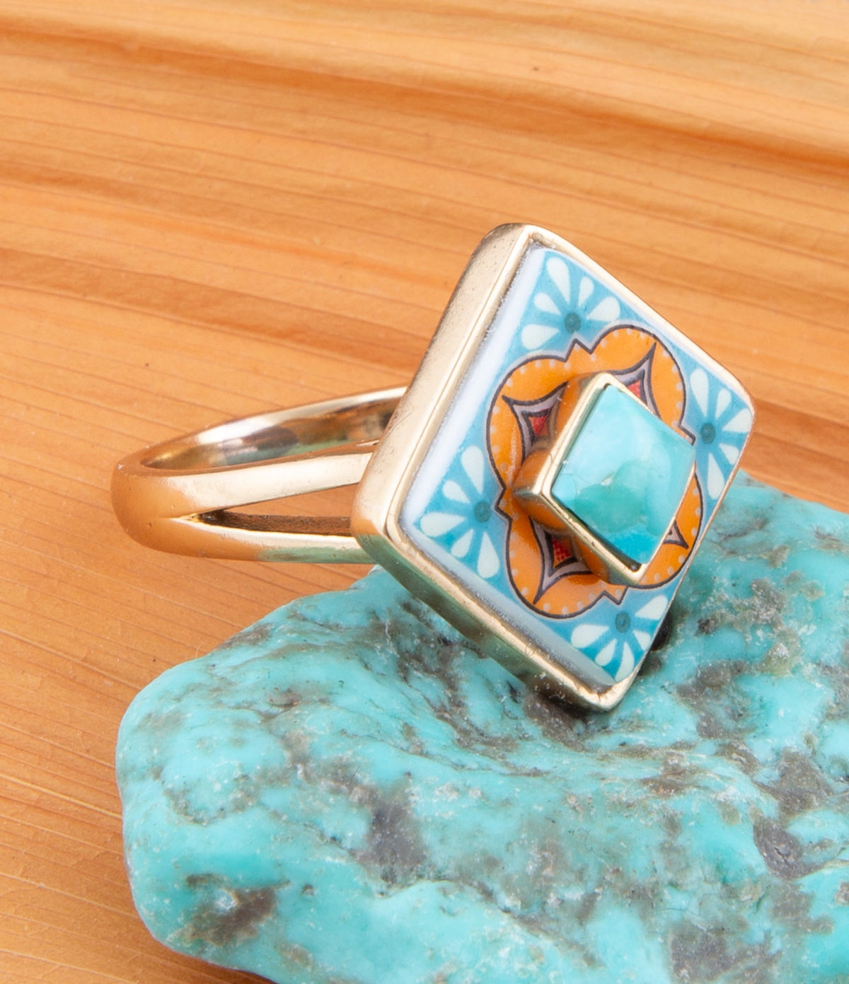 Talavera Tile Blue Turquoise Golden Ring Barse Jewelry
