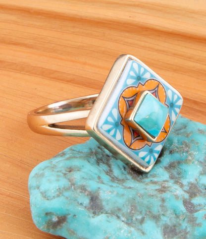 Talavera Tile Blue Turquoise Golden Ring Barse Jewelry