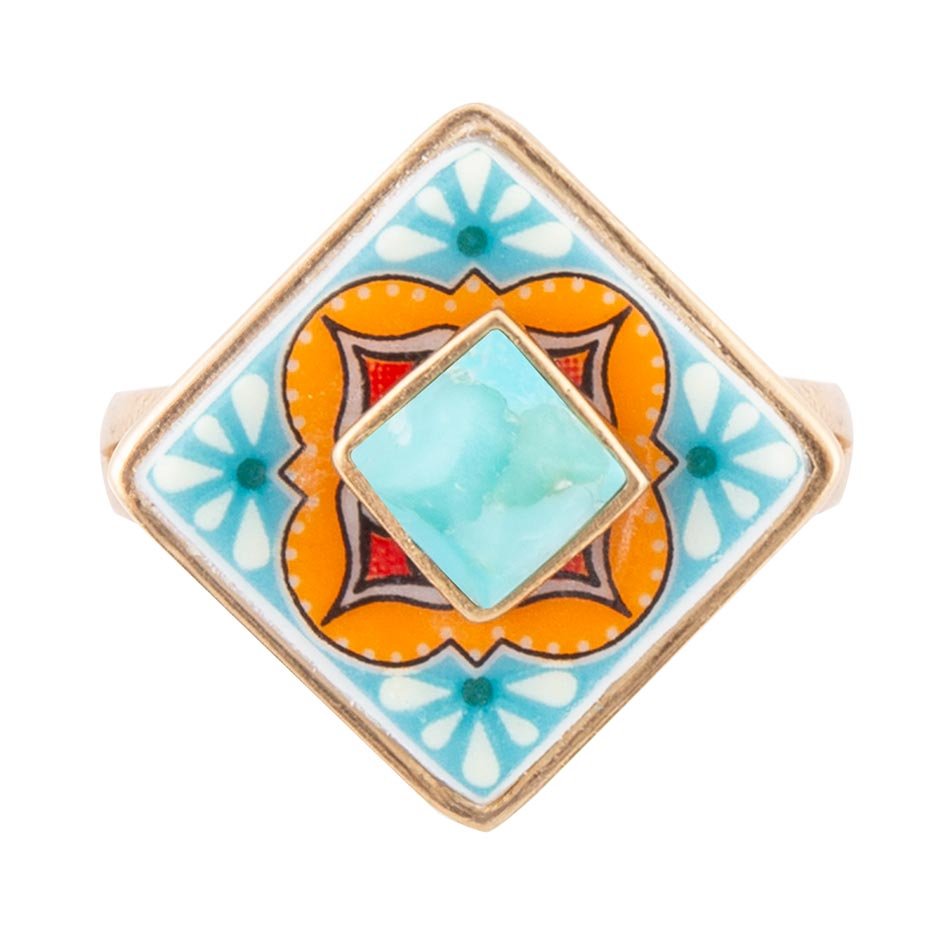 Talavera Tile Blue Turquoise Golden Ring Barse Jewelry