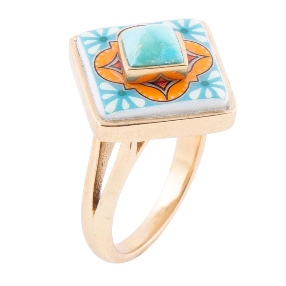 Talavera Tile Blue Turquoise Golden Ring Barse Jewelry