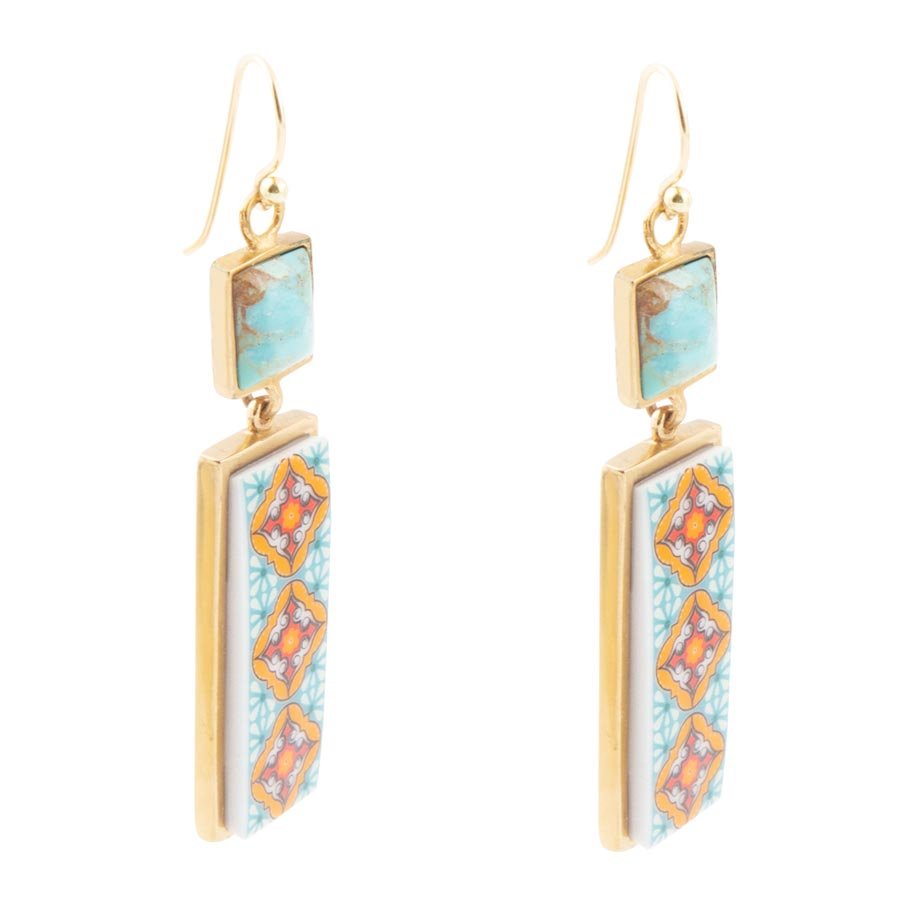 Talavera Tile and Blue Turquoise Golden Dangle Earrings Barse Jewelry