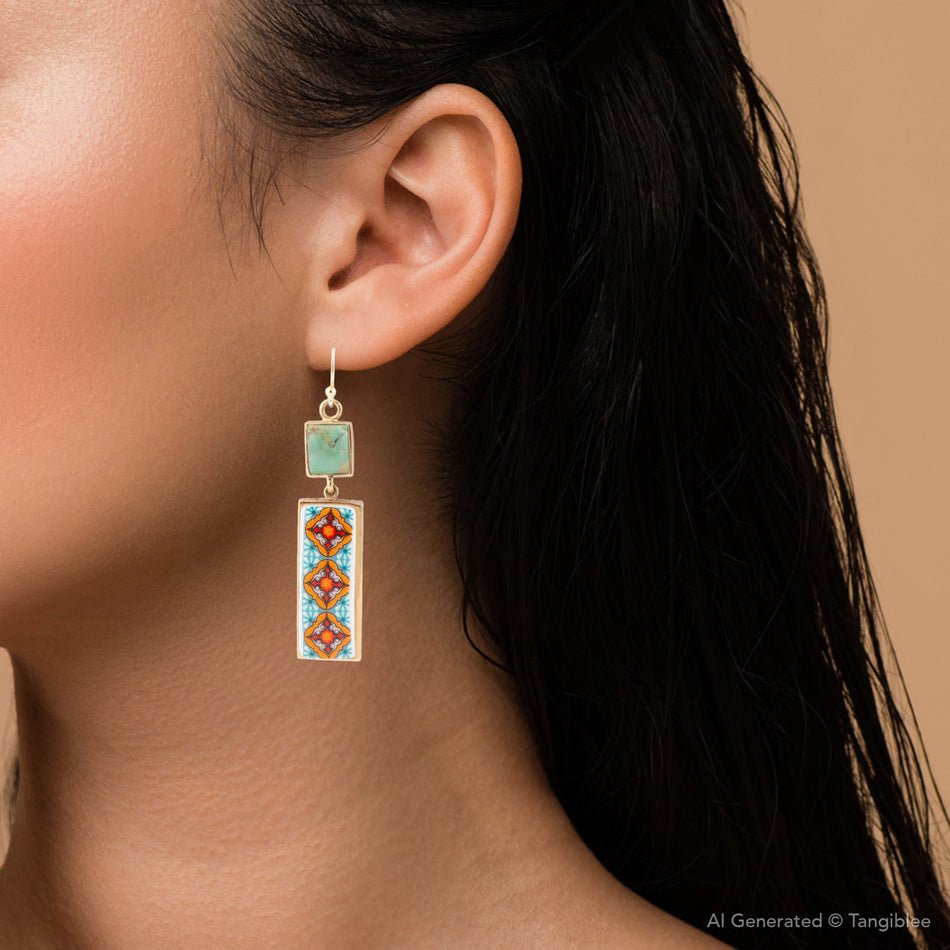 Talavera Tile and Blue Turquoise Golden Dangle Earrings Barse Jewelry