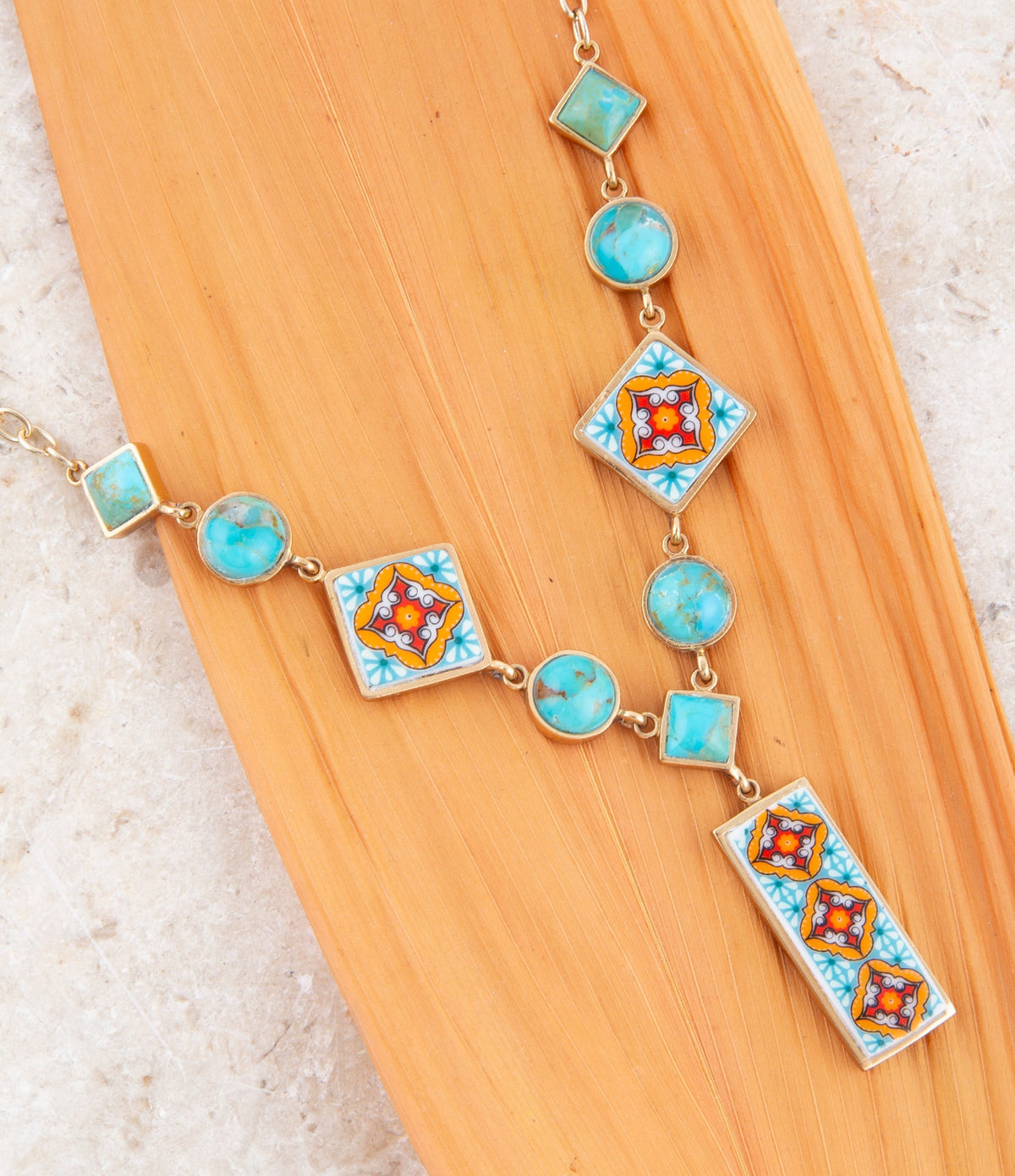Talavera Tile and Blue Turquoise Golden Y-Neck Necklace Barse Jewelry