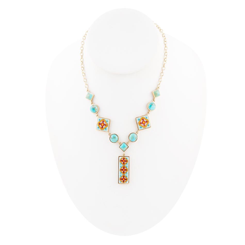 Talavera Tile and Blue Turquoise Golden Y-Neck Necklace Barse Jewelry
