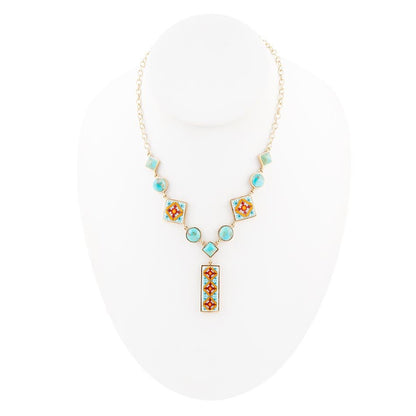 Talavera Tile and Blue Turquoise Golden Y-Neck Necklace Barse Jewelry