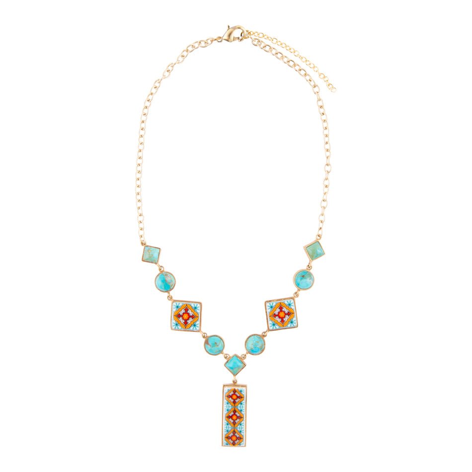 Talavera Tile and Blue Turquoise Golden Y-Neck Necklace Barse Jewelry