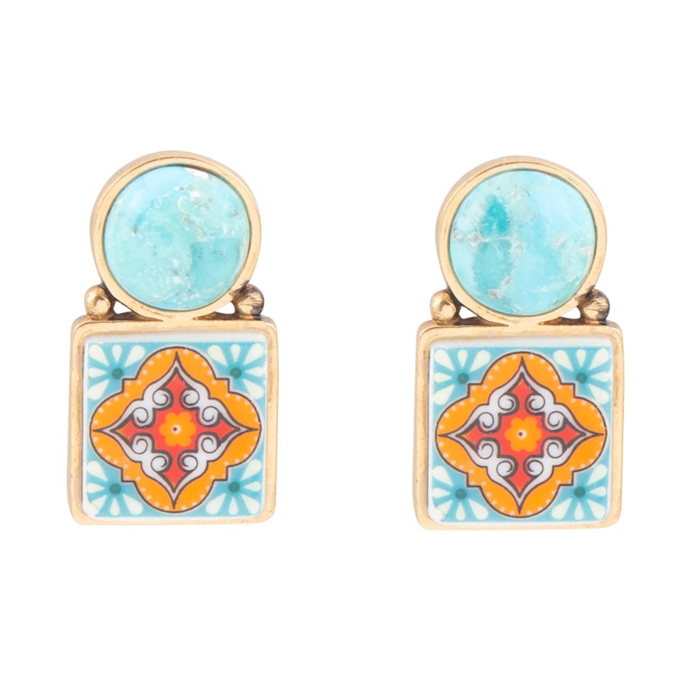 Talavera Tile Blue Turquoise Golden Drop Earrings Barse Jewelry