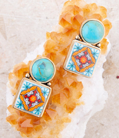 Talavera Tile Blue Turquoise Golden Drop Earrings Barse Jewelry