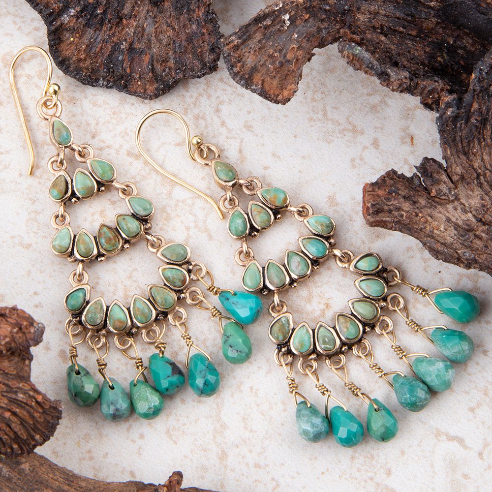Triple the Blue Turquoise Golden Chandelier Earrings Barse Jewelry
