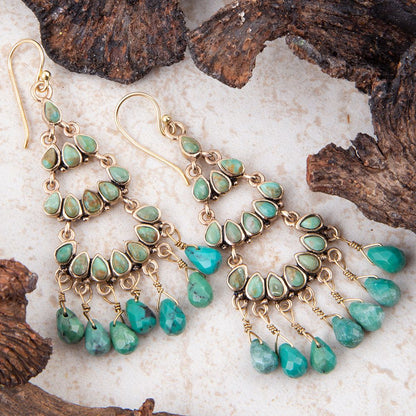 Triple the Blue Turquoise Golden Chandelier Earrings Barse Jewelry