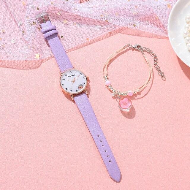 Women New Color Bear Fashion Student Quartz Watch Bracelet Combination Set Kids Girl Wrist Watch Bracelet Leather Rhinestone Luxury Design Simple Dress Women's Watches Stevvex
