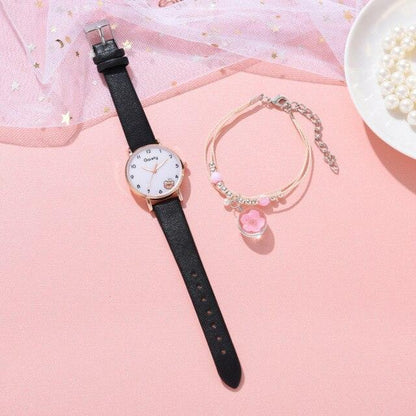 Women New Color Bear Fashion Student Quartz Watch Bracelet Combination Set Kids Girl Wrist Watch Bracelet Leather Rhinestone Luxury Design Simple Dress Women's Watches Stevvex