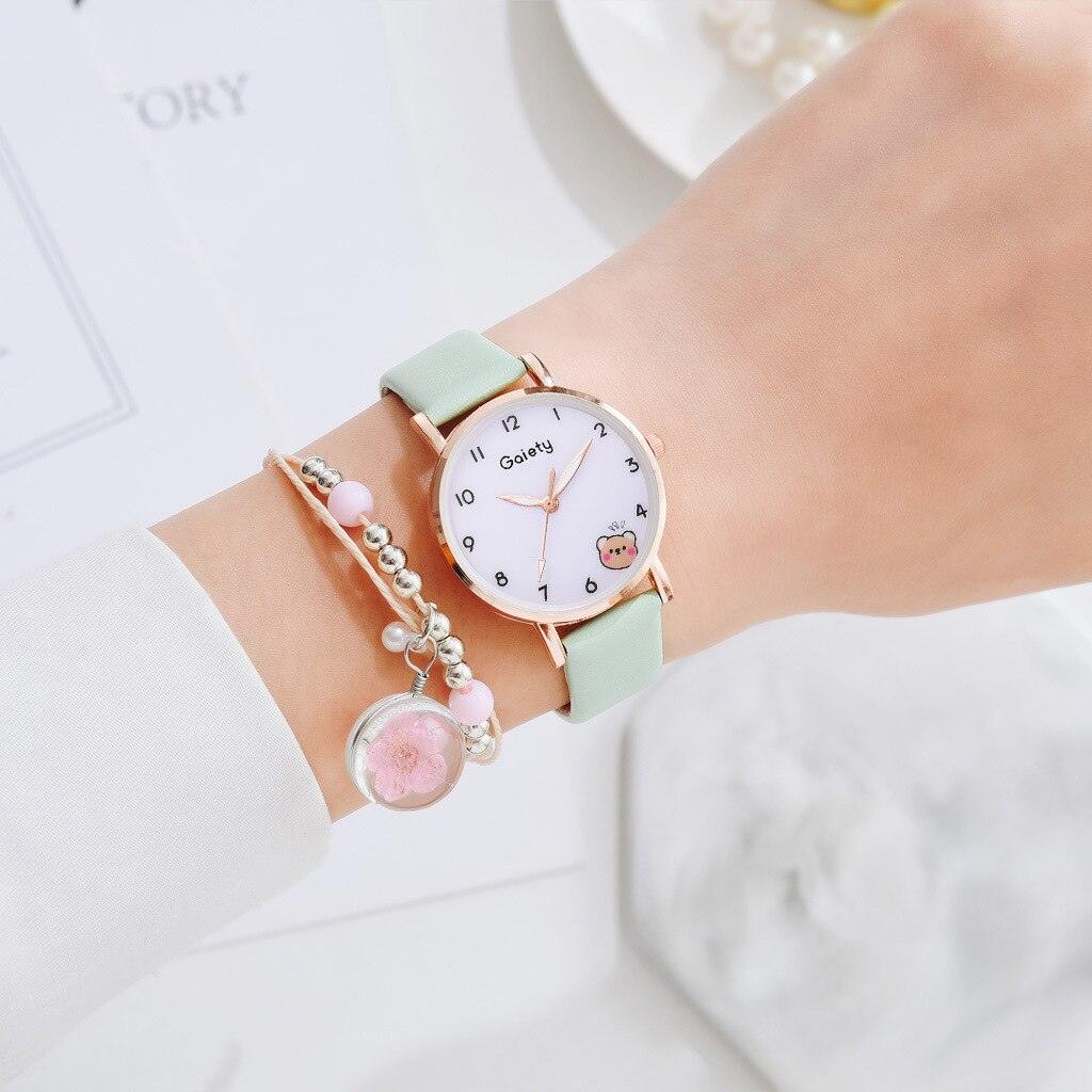 Women New Color Bear Fashion Student Quartz Watch Bracelet Combination Set Kids Girl Wrist Watch Bracelet Leather Rhinestone Luxury Design Simple Dress Women's Watches Stevvex