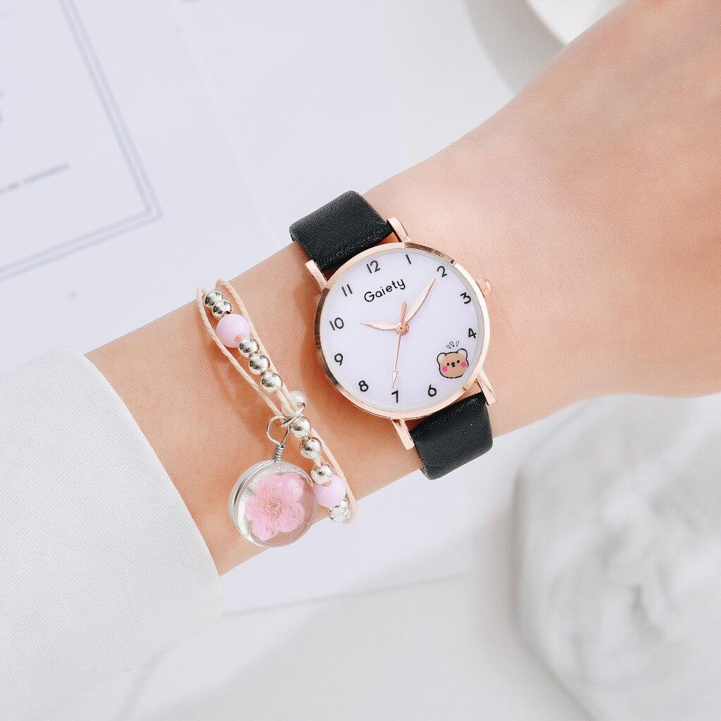 Women New Color Bear Fashion Student Quartz Watch Bracelet Combination Set Kids Girl Wrist Watch Bracelet Leather Rhinestone Luxury Design Simple Dress Women's Watches Stevvex