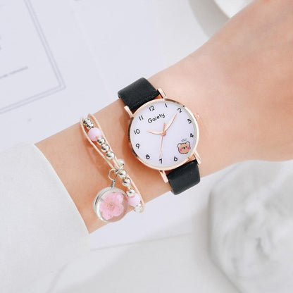 Women New Color Bear Fashion Student Quartz Watch Bracelet Combination Set Kids Girl Wrist Watch Bracelet Leather Rhinestone Luxury Design Simple Dress Women's Watches Stevvex