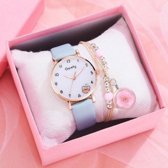Women New Color Bear Fashion Student Quartz Watch Bracelet Combination Set Kids Girl Wrist Watch Bracelet Leather Rhinestone Luxury Design Simple Dress Women's Watches Stevvex