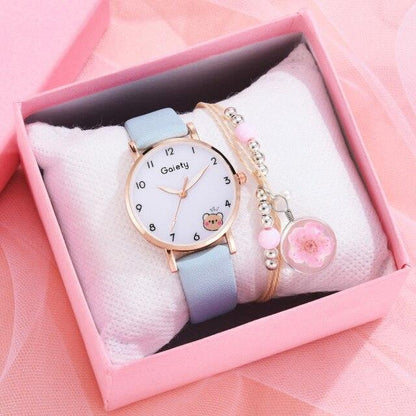Women New Color Bear Fashion Student Quartz Watch Bracelet Combination Set Kids Girl Wrist Watch Bracelet Leather Rhinestone Luxury Design Simple Dress Women's Watches Stevvex