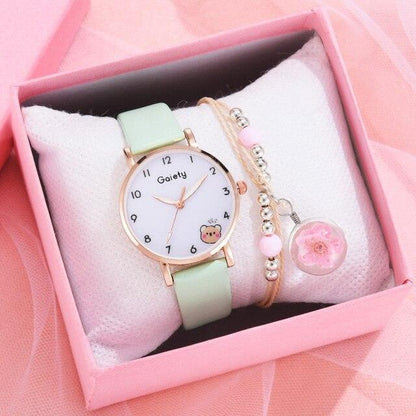 Women New Color Bear Fashion Student Quartz Watch Bracelet Combination Set Kids Girl Wrist Watch Bracelet Leather Rhinestone Luxury Design Simple Dress Women's Watches Stevvex