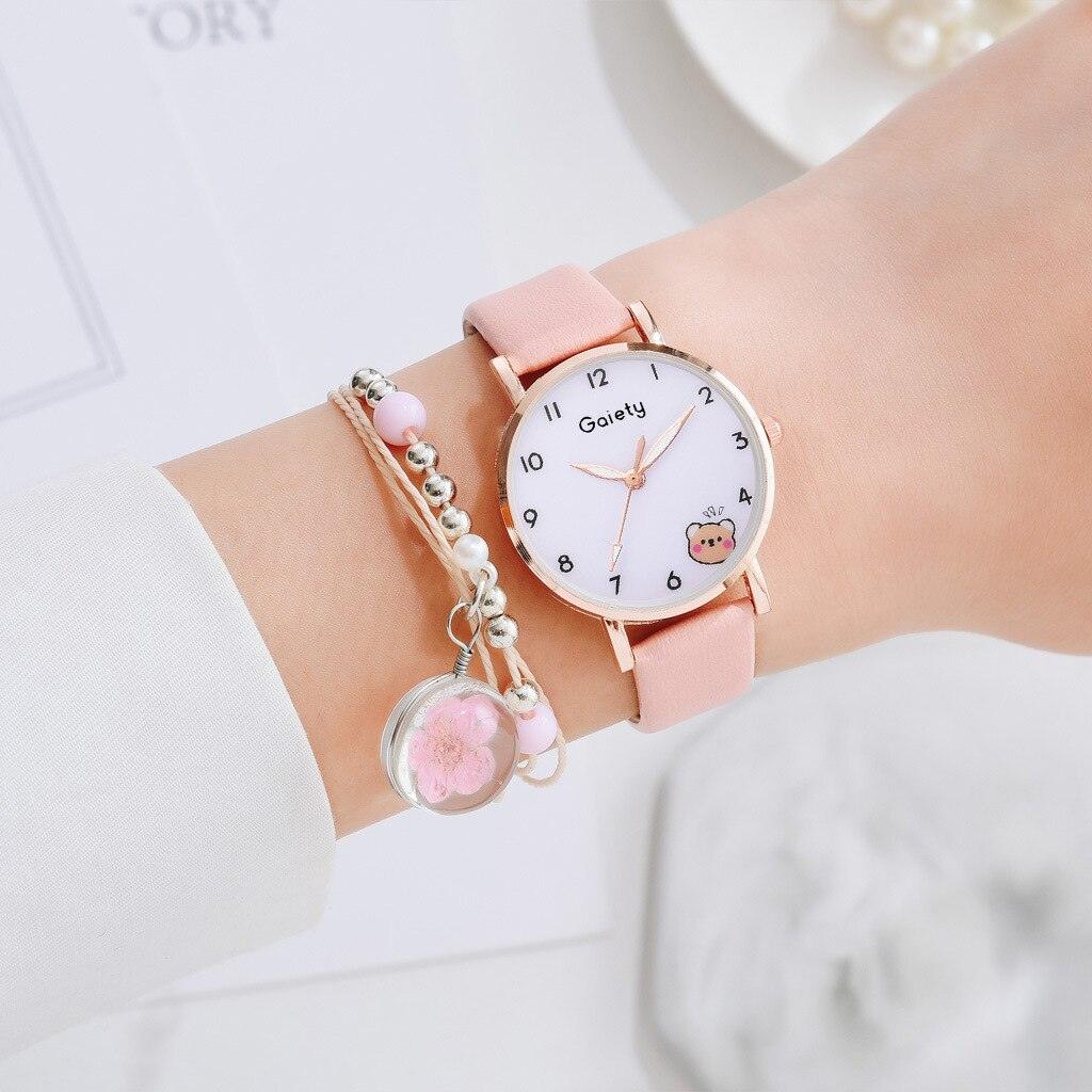 Women New Color Bear Fashion Student Quartz Watch Bracelet Combination Set Kids Girl Wrist Watch Bracelet Leather Rhinestone Luxury Design Simple Dress Women's Watches Stevvex