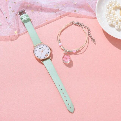 Women New Color Bear Fashion Student Quartz Watch Bracelet Combination Set Kids Girl Wrist Watch Bracelet Leather Rhinestone Luxury Design Simple Dress Women's Watches Stevvex