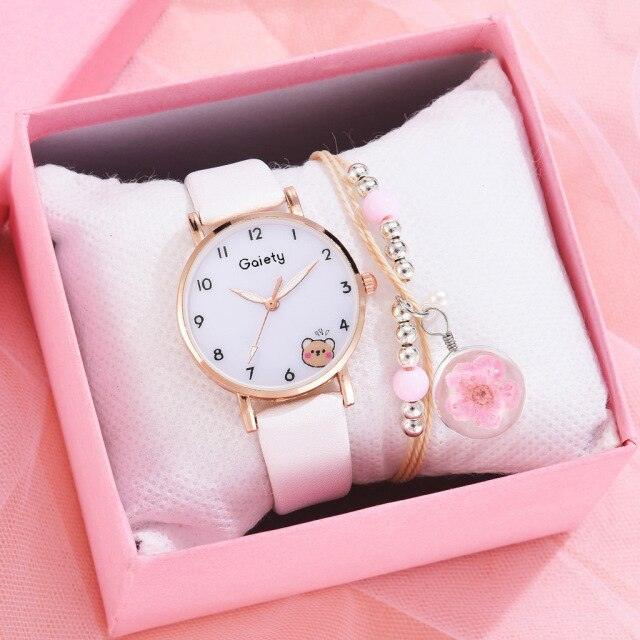 Women New Color Bear Fashion Student Quartz Watch Bracelet Combination Set Kids Girl Wrist Watch Bracelet Leather Rhinestone Luxury Design Simple Dress Women's Watches Stevvex