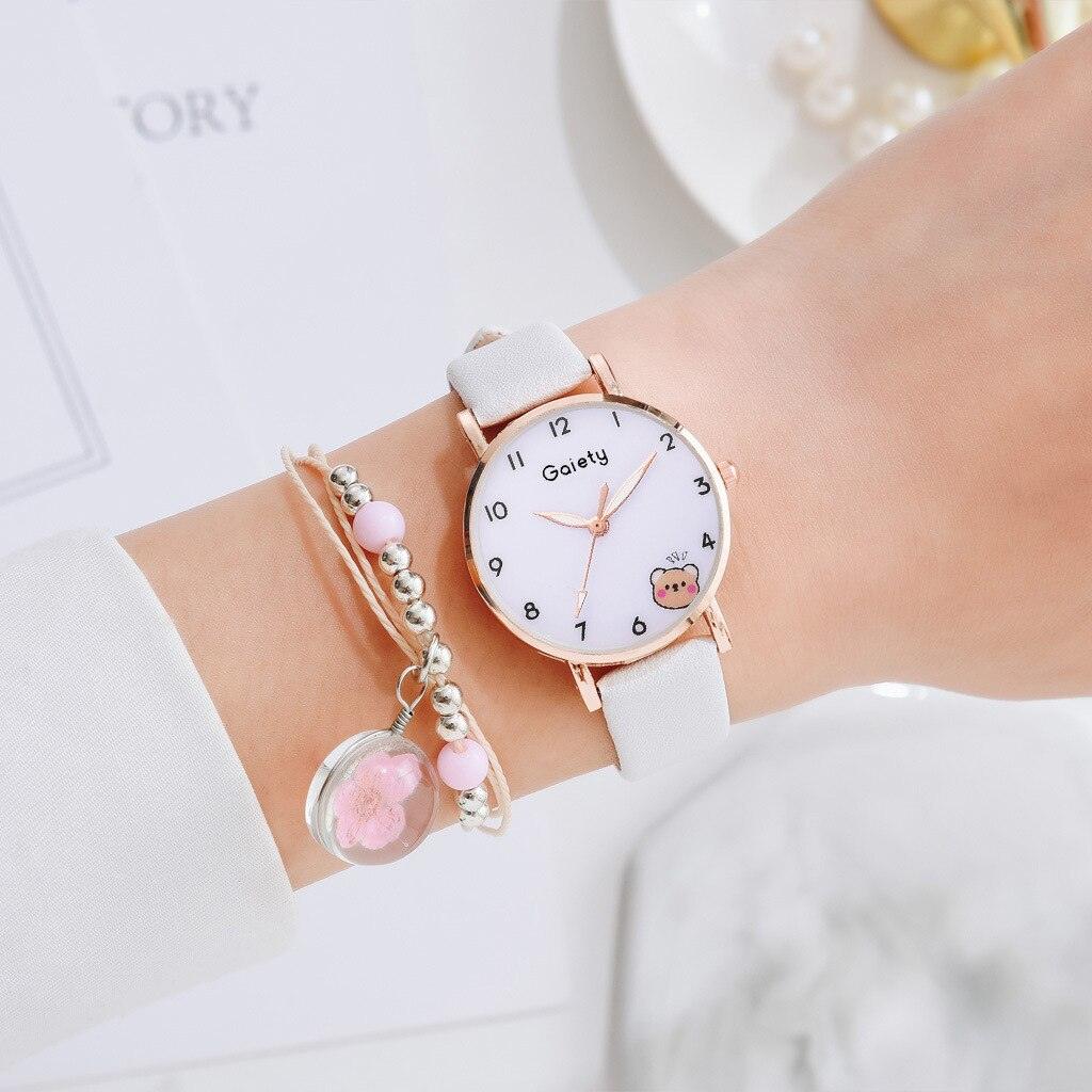 Women New Color Bear Fashion Student Quartz Watch Bracelet Combination Set Kids Girl Wrist Watch Bracelet Leather Rhinestone Luxury Design Simple Dress Women's Watches Stevvex