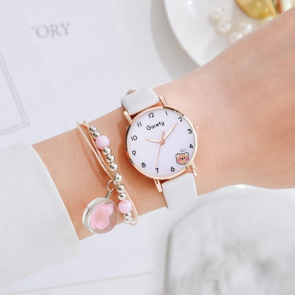 Women New Color Bear Fashion Student Quartz Watch Bracelet Combination Set Kids Girl Wrist Watch Bracelet Leather Rhinestone Luxury Design Simple Dress Women's Watches Stevvex