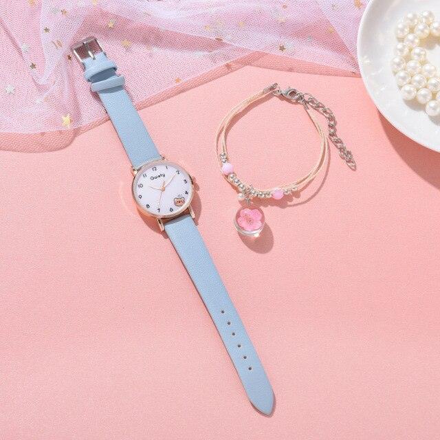 Women New Color Bear Fashion Student Quartz Watch Bracelet Combination Set Kids Girl Wrist Watch Bracelet Leather Rhinestone Luxury Design Simple Dress Women's Watches Stevvex